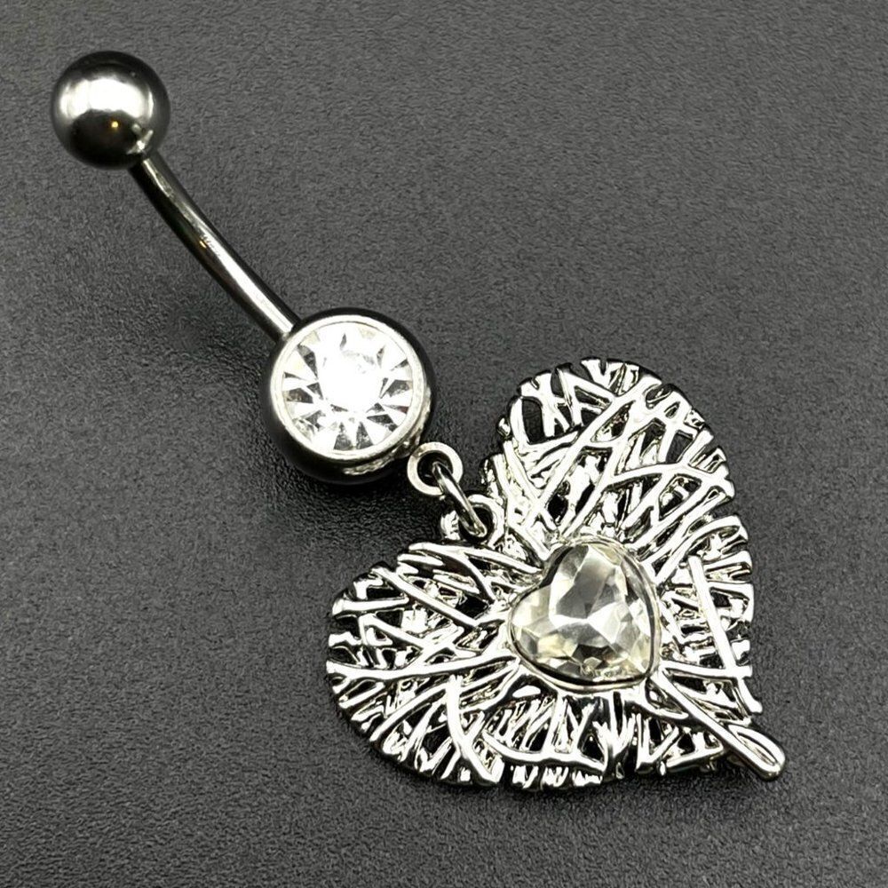 316L Stainless Steel with White Diamond Cubic Zirconia Dangling Heart Belly Ring